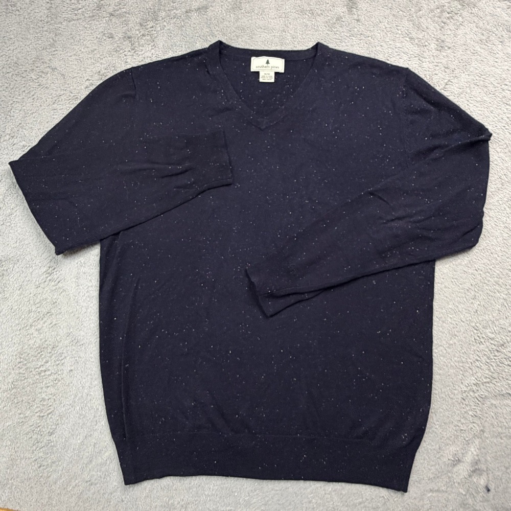 Southern Pines Mens Navy Blue Flecked V-Neck Sweater Cotton Blend Size Medium